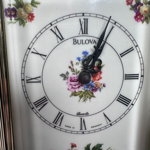 Vintage Bulova Floral Anniversary Mantle Carriage Clock Quartz B 2093 Gold Tone - Picture 2 of 12